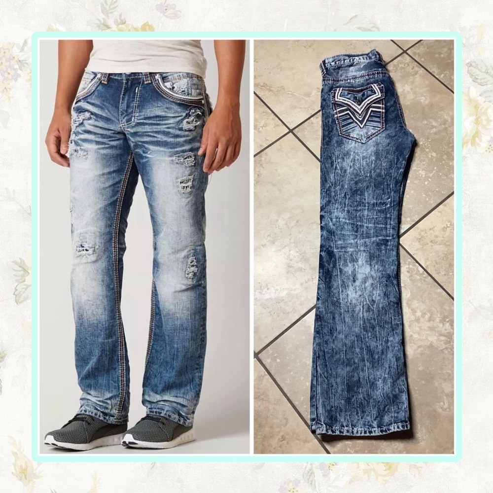 🍒 AFFLICTION JEANS DENIUM LONG BOOTCUT MEN GUY URBAN PREMIUM CONSTRUCTION BLUE